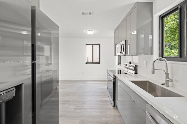 kitchen featuring gray cabinets, light hardwood / wood-style floors, decorative backsplash, sink, and stainless steel appliances