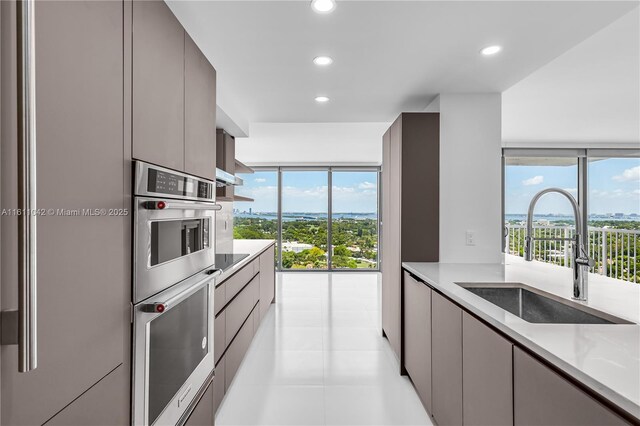 kitchen featuring black electric stovetop, stainless steel double oven, expansive windows, and sink