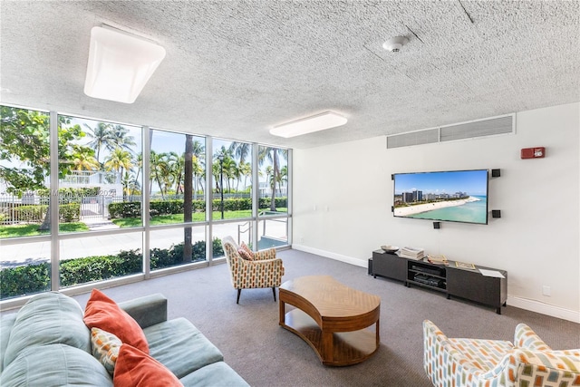 carpeted living room with a wall of windows