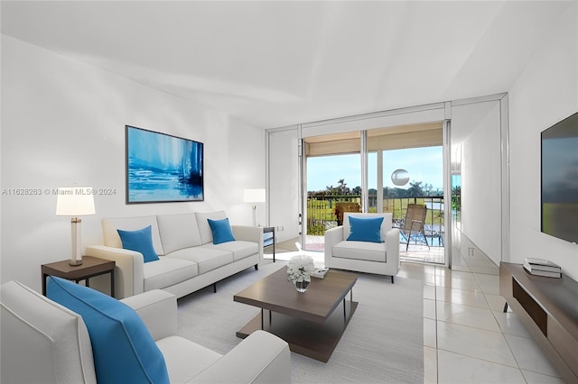 tiled living room with expansive windows