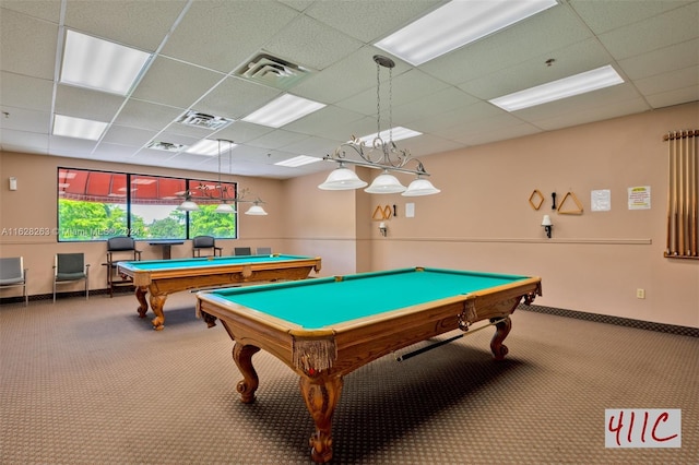 game room with pool table, carpet, and a paneled ceiling