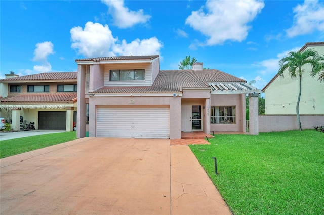 view of front of house with a garage, a tiled roof, concrete driveway, a front lawn, and a chimney