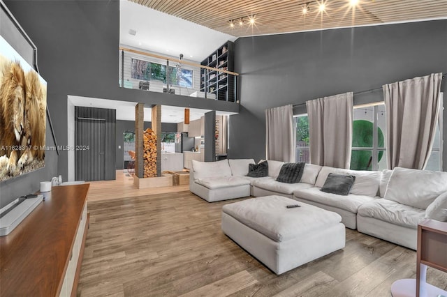 living room featuring hardwood / wood-style flooring and high vaulted ceiling