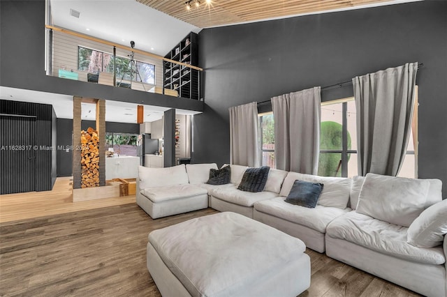 living room featuring hardwood / wood-style floors and a high ceiling