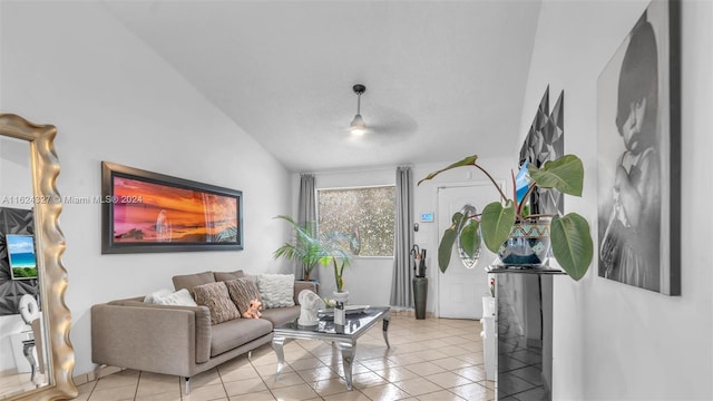 tiled living room with lofted ceiling