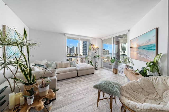 living room with floor to ceiling windows and light hardwood / wood-style floors