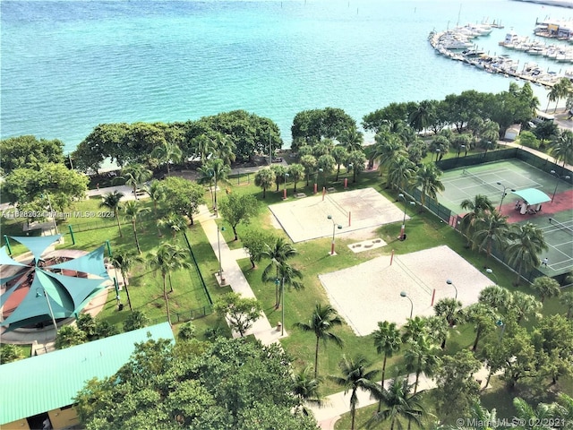 birds eye view of property featuring a water view