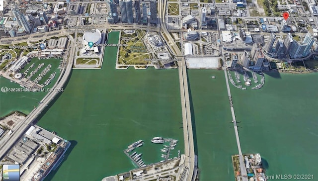 birds eye view of property featuring a water view