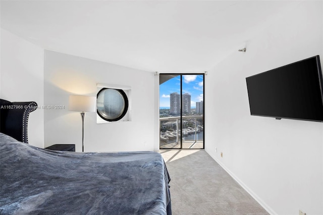 bedroom with light colored carpet and a wall of windows