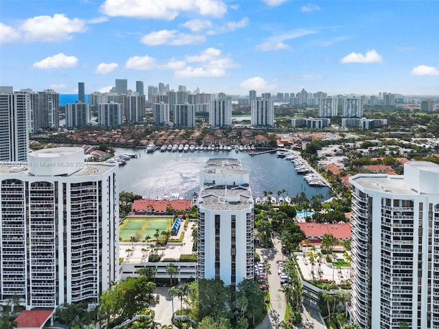 birds eye view of property featuring a water view