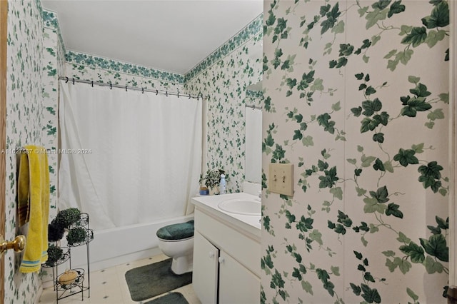 full bathroom with vanity, tile patterned flooring, toilet, and shower / bath combination with curtain