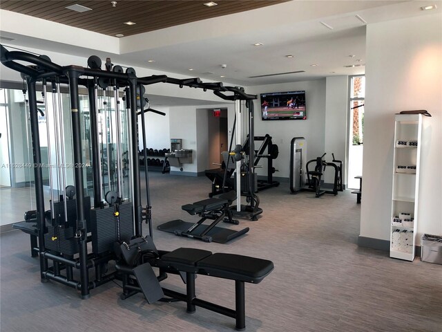 exercise room with carpet flooring