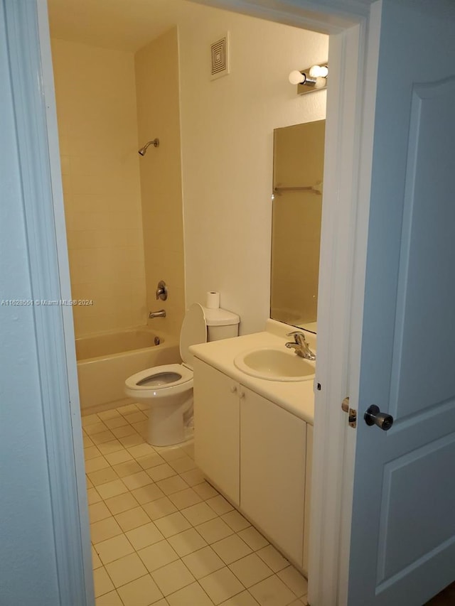 full bathroom with vanity, shower / bath combination, tile patterned flooring, and toilet