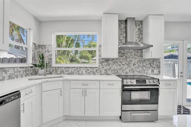 kitchen with appliances with stainless steel finishes, white cabinetry, wall chimney range hood, sink, and plenty of natural light