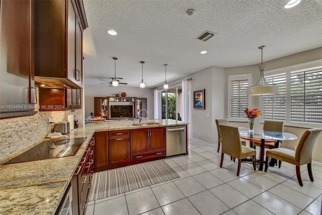 kitchen featuring black electric cooktop, sink, dishwasher, light stone counters, and light tile patterned floors