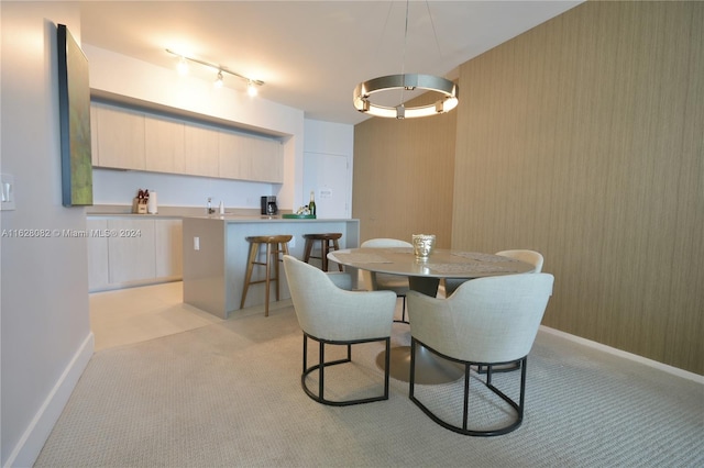 carpeted dining room with rail lighting and sink