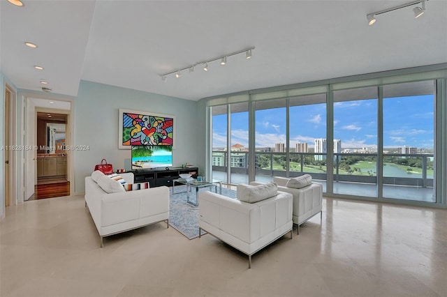 living room featuring expansive windows and rail lighting