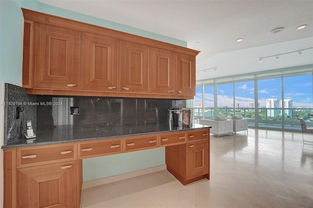 kitchen with dark stone countertops, decorative backsplash, and track lighting