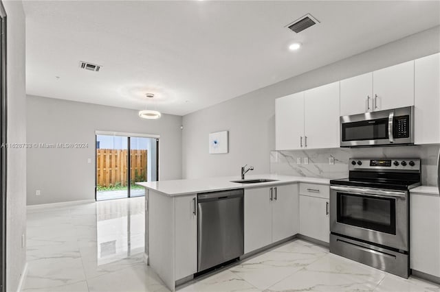 kitchen with white cabinets, sink, kitchen peninsula, tasteful backsplash, and appliances with stainless steel finishes