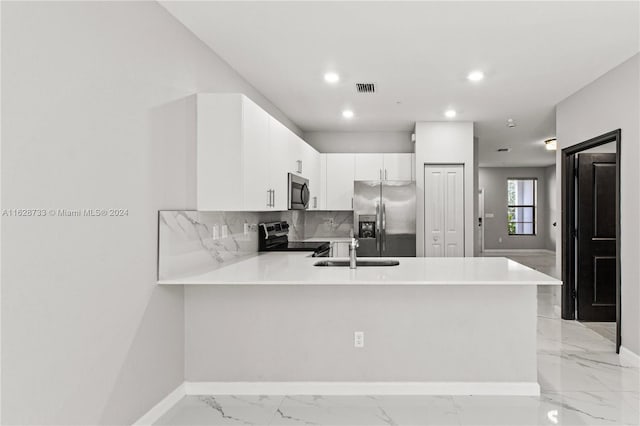 kitchen featuring sink, white cabinetry, kitchen peninsula, backsplash, and appliances with stainless steel finishes