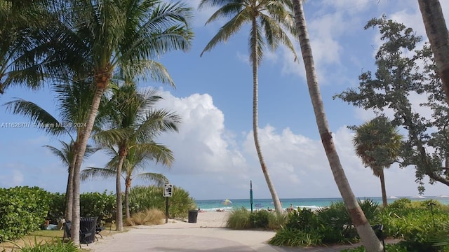 view of home's community featuring a water view and a view of the beach