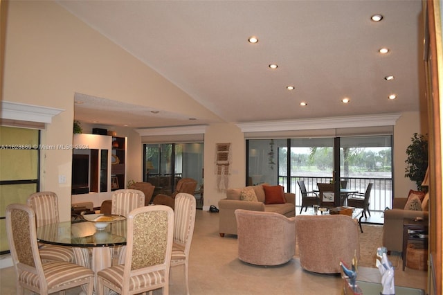 tiled living room featuring high vaulted ceiling