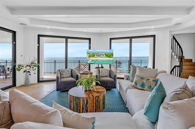 living room with a wealth of natural light and beam ceiling