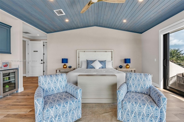 bedroom with lofted ceiling, beverage cooler, access to outside, wood ceiling, and light wood-type flooring