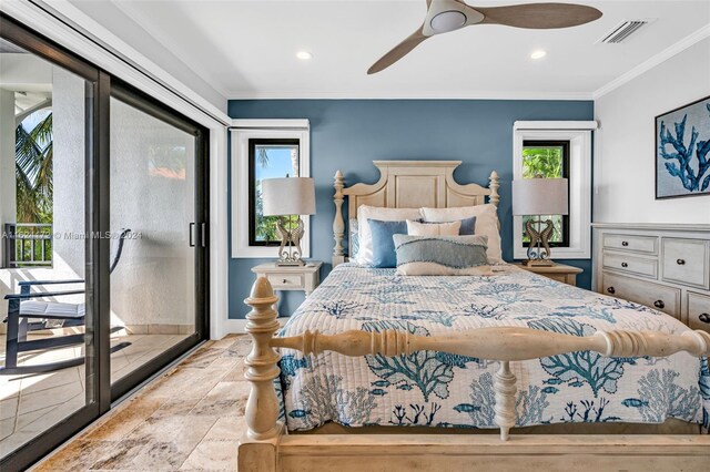 bedroom with access to exterior, crown molding, and ceiling fan