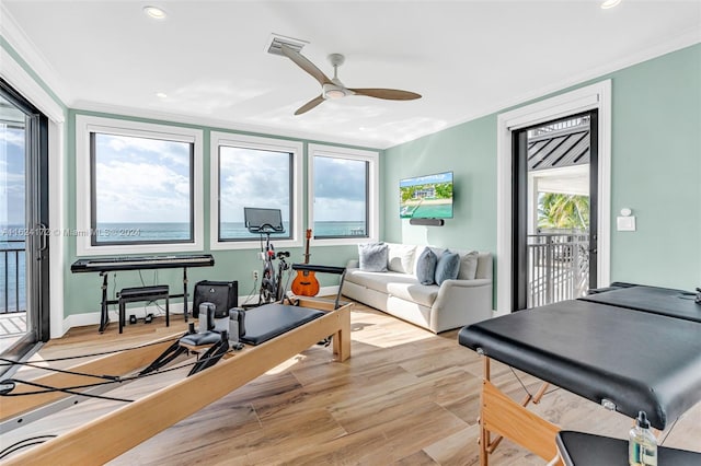 workout room featuring crown molding, light hardwood / wood-style flooring, and ceiling fan