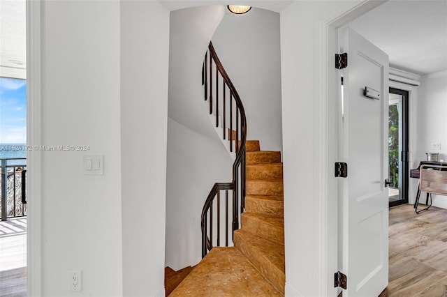 stairs with plenty of natural light and hardwood / wood-style floors