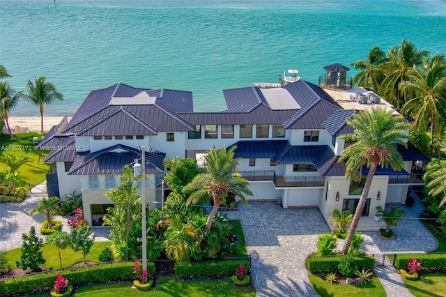 aerial view featuring a water view