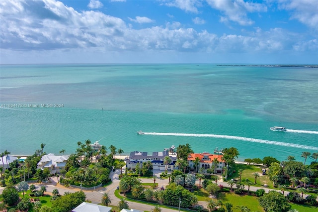 drone / aerial view featuring a water view