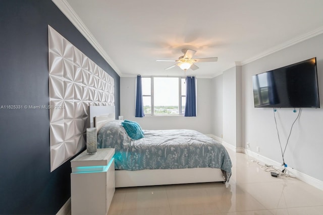 bedroom featuring ornamental molding, light tile patterned floors, and ceiling fan