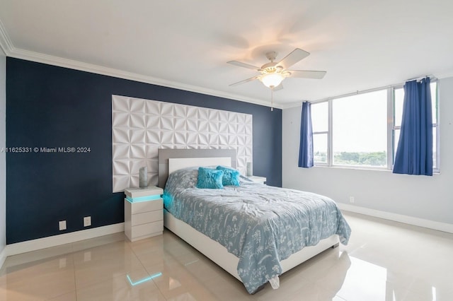 bedroom featuring tile patterned flooring, crown molding, and ceiling fan