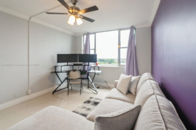 office area featuring crown molding and ceiling fan