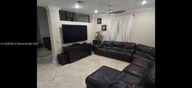 living room with ceiling fan and crown molding