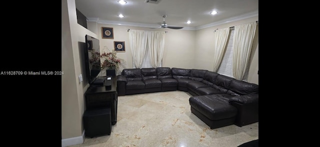 living room with ceiling fan and ornamental molding