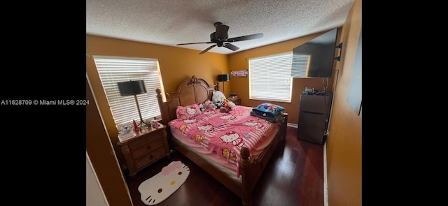 bedroom with ceiling fan, multiple windows, dark hardwood / wood-style floors, and a textured ceiling