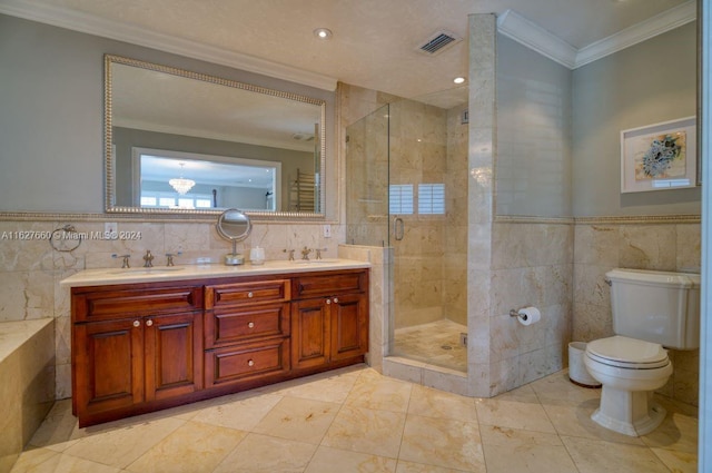 bathroom featuring tile walls, vanity, crown molding, and walk in shower