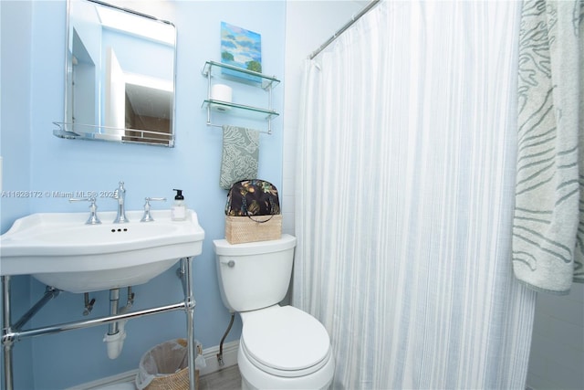 bathroom with sink, toilet, and a shower with shower curtain