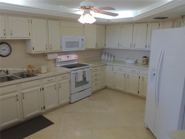 kitchen featuring white cabinetry, white appliances, light tile patterned floors, ceiling fan, and sink