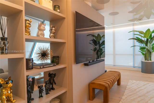 interior space with light wood-type flooring, plenty of natural light, and built in features