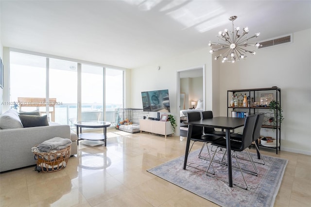 interior space with expansive windows and a chandelier