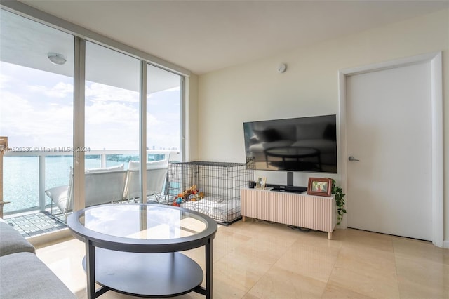 living room featuring a wall of windows