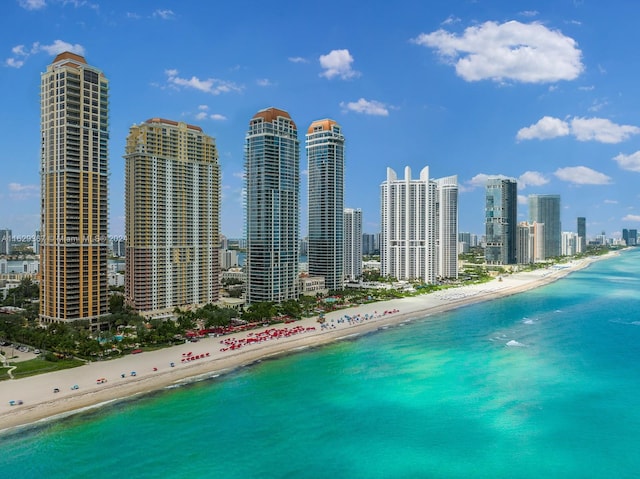 drone / aerial view with a beach view and a water view