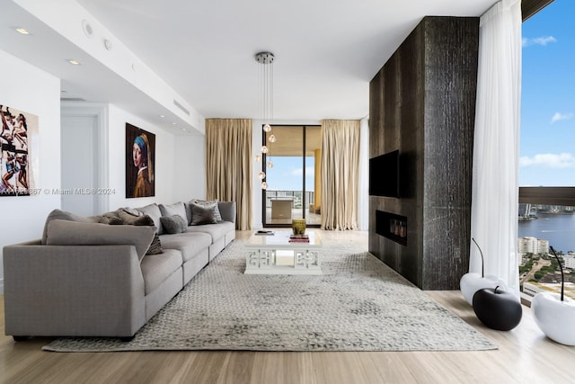 living room featuring a wealth of natural light and light hardwood / wood-style floors