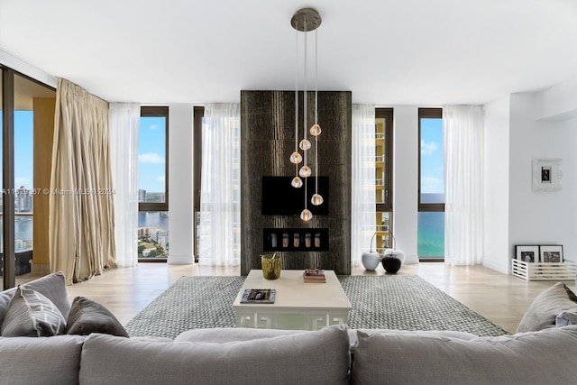 living room featuring wood-type flooring, plenty of natural light, floor to ceiling windows, and a water view