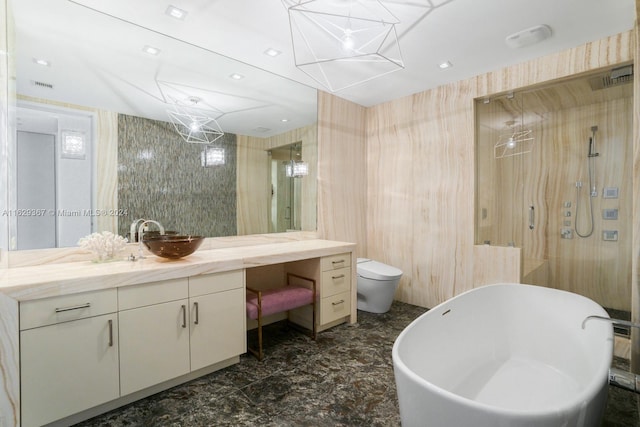 full bathroom featuring tile patterned floors, toilet, independent shower and bath, and vanity