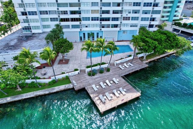 birds eye view of property featuring a water view